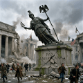 Falling statue on cracked pedestal with people running and collapsing buildings