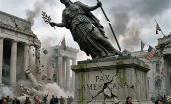 Falling statue on cracked pedestal with people running and collapsing buildings